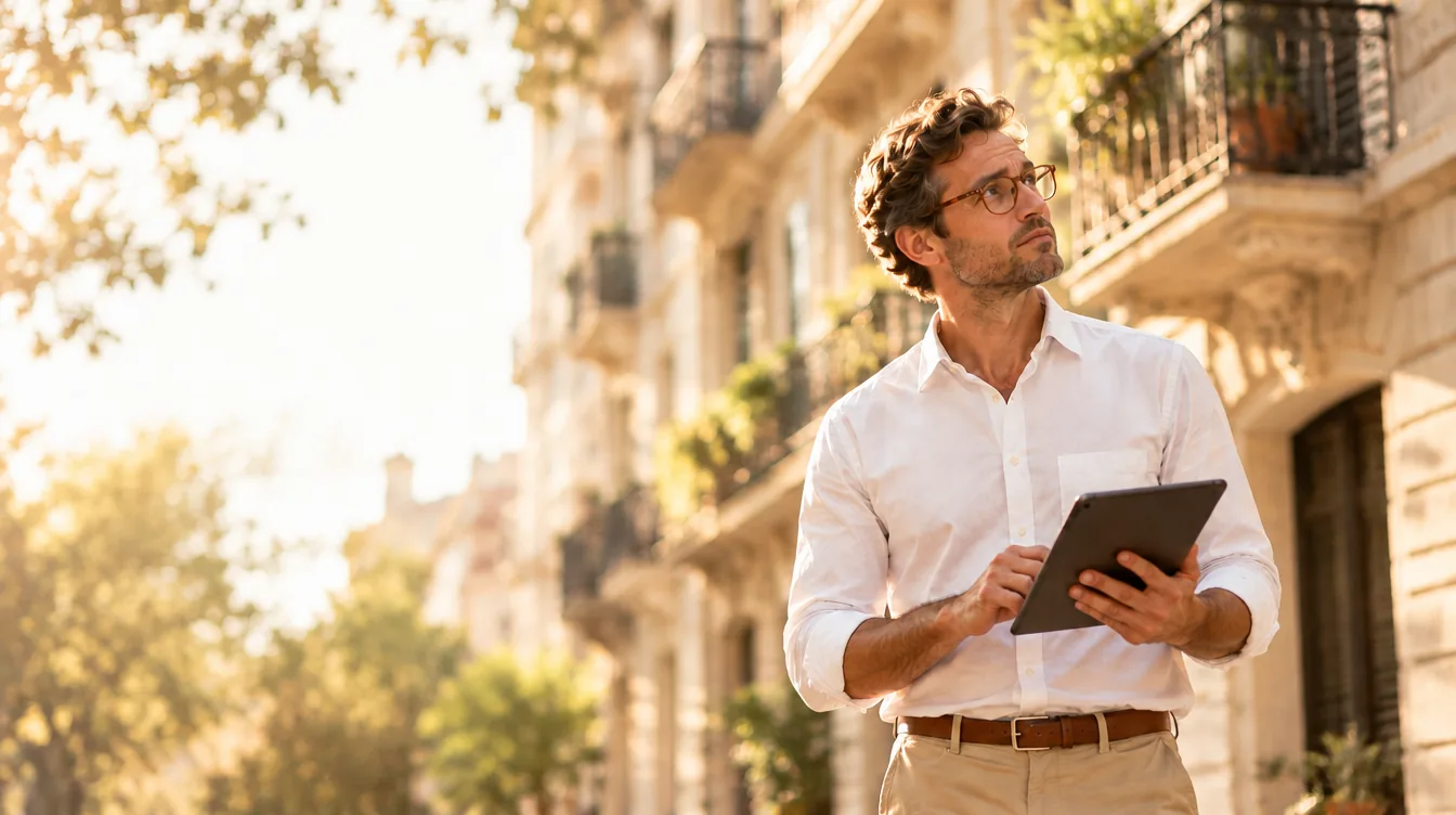 Un Arquitecto de Estudio TREO, con la tablet en la mano, mira la fachada de un edificio porteño clásico desde la vereda