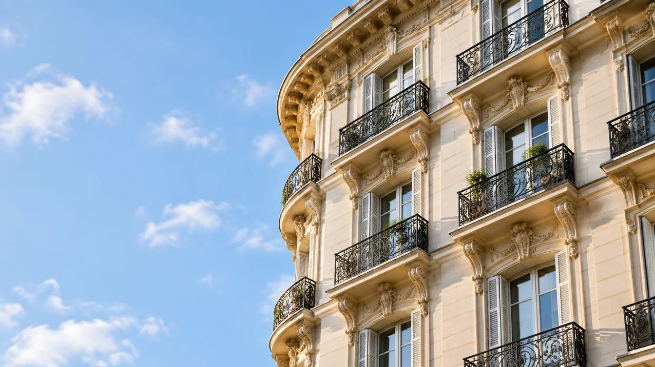 Fachada clásica de un edificio porteño con balcones de hierro forjado, vista desde abajo contra el cielo