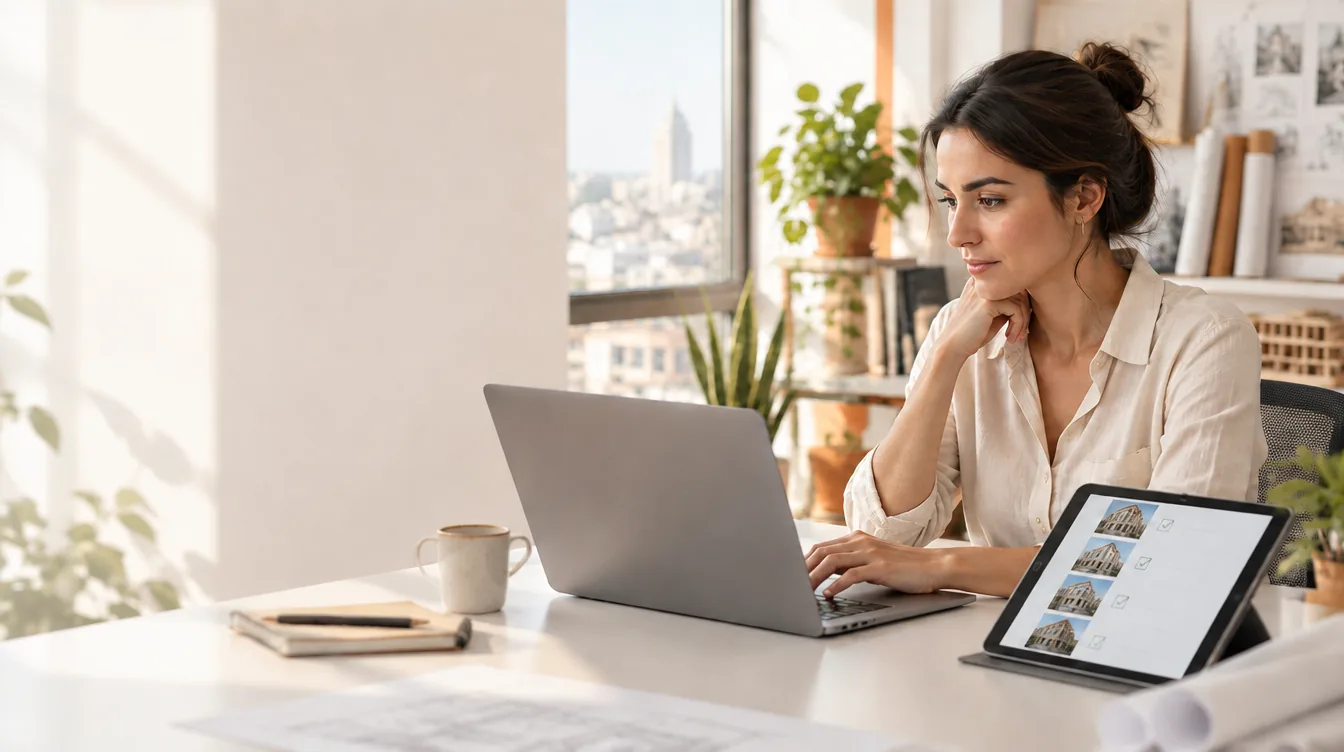 Una Arquitecta de Estudio TREO carga la encomienda en la computadora, con las fotos de la fachada en la tablet